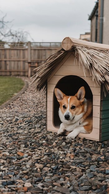 Photo corgi dog has a rest in a dog house on the yard