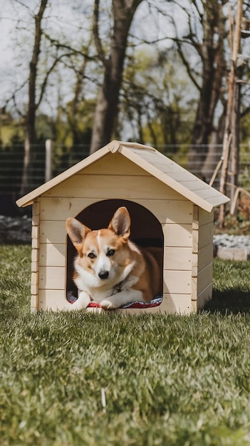 Corgi dog has a rest in a dog house on the yard