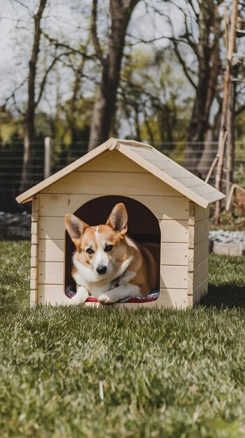 Photo corgi dog has a rest in a dog house on the yard