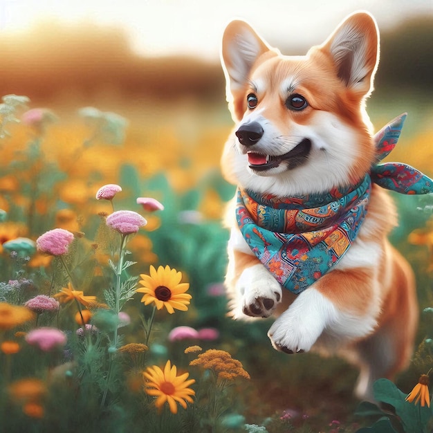 Corgi dog joyfully running through a vibrant field of colorful flowers