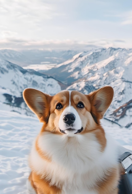 Corgi dog looking at snowy mountains