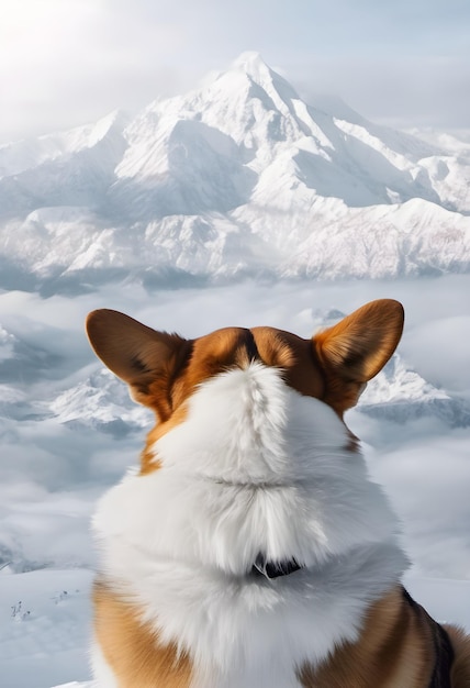 Corgi dog looks at the snowy mountains his back is turned to us