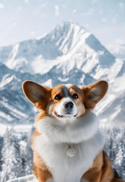 Corgi dog looks at the snowy mountains his back is turned to us