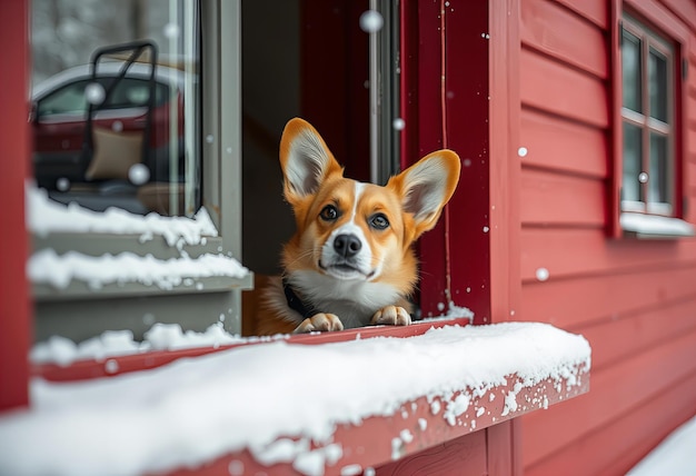 Photo corgi dog peeking out from behind window sill on snowy day