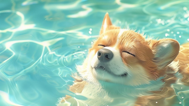 Corgi dog swims in the pool in cartoon style in anime aesthetic pastel colors cute and dreamy