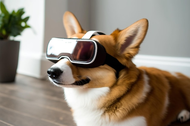 Corgi dog in VR glasses at home generated by AI