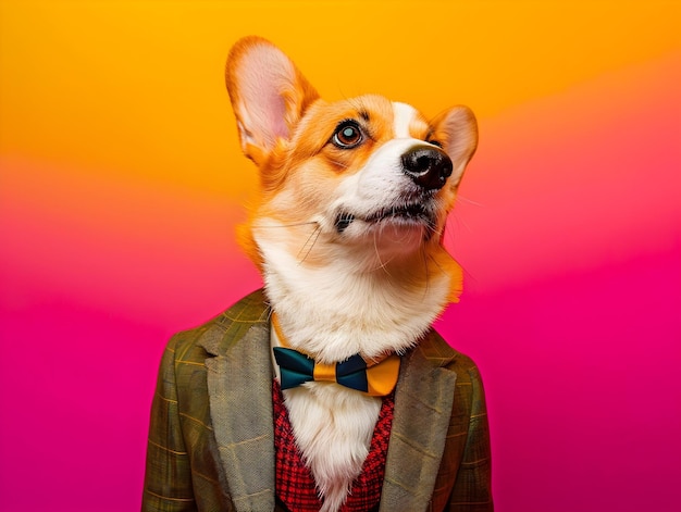 corgi dog wearing very elegant suit