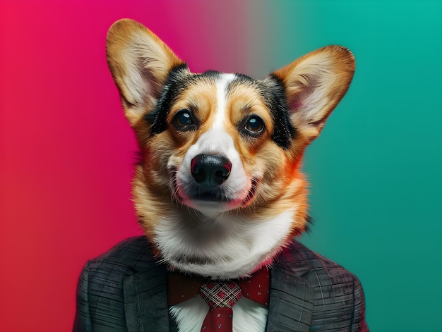 corgi dog wearing very elegant suit