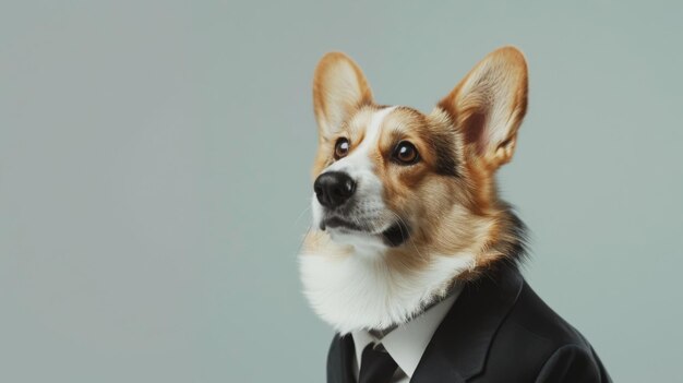 Photo a corgi dressed in a black suit and tie looking up with an expression that blends curiosity and sophistication in a whimsical yet formal setting