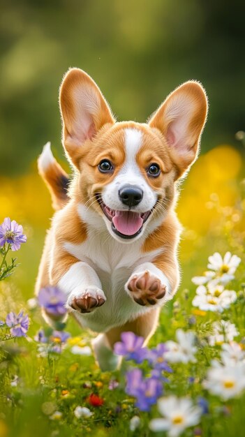 Photo corgi puppy running through a field of wildflowers joyful and playful nature and happiness concept