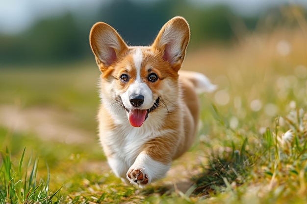 A corgi puppy running through a grassy field ears flopping and tongue hanging out