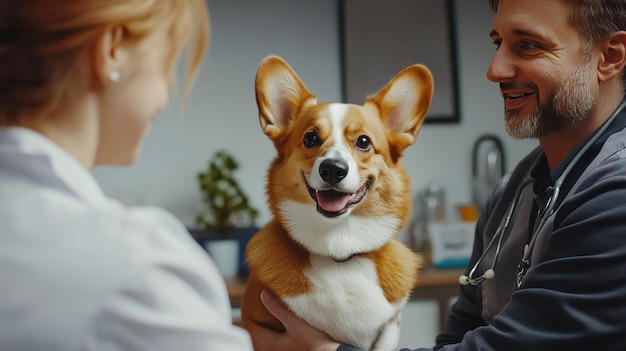 Photo corgi receives care during a veterinary appointment with a cheerful owner at a modern clinic in the afternoon