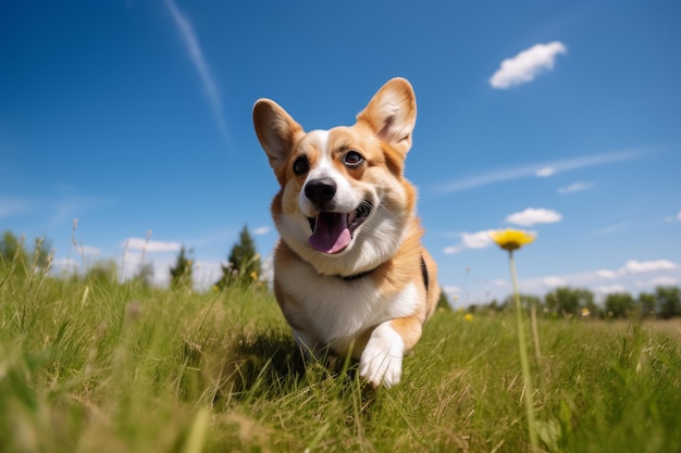 Corgi runs green grass Smile portrait Generate Ai