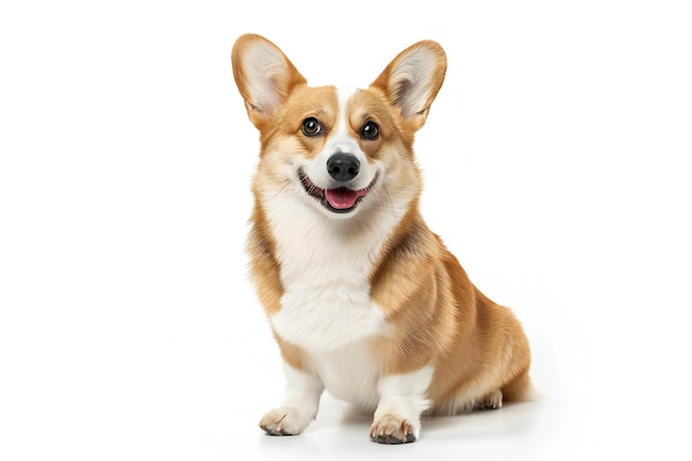 Corgi sitting full body shot from head to paws looking at camera smiling isolated on white backgr