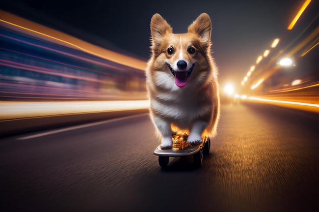 Corgi on a skateboard driving at high speed in the middle of the highway between cars Generate AI