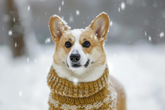 Corgi wearing knitted sweater snowing