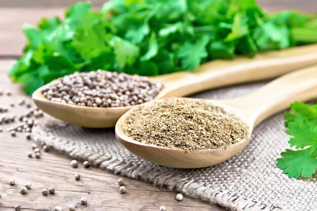 Coriander ground and seeds in two spoons on old board