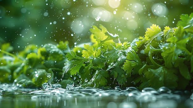 Coriander leaves with water splash bright green background