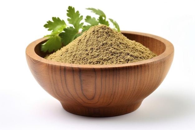 Coriander Powder in Wooden Bowl isolated on white background