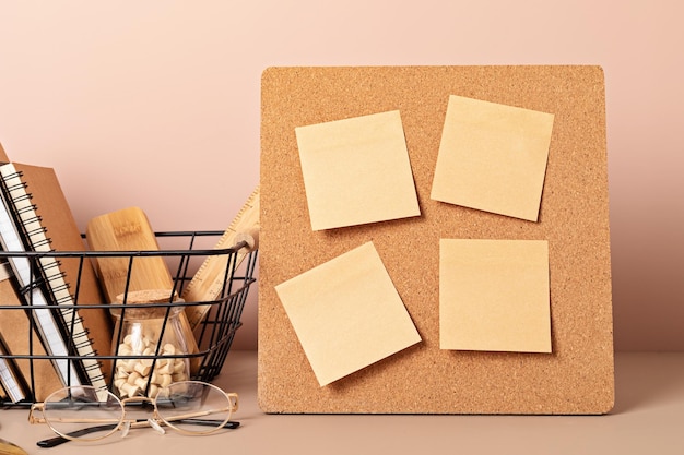 Cork board mockup desktop organizer with school stationary and office supplies