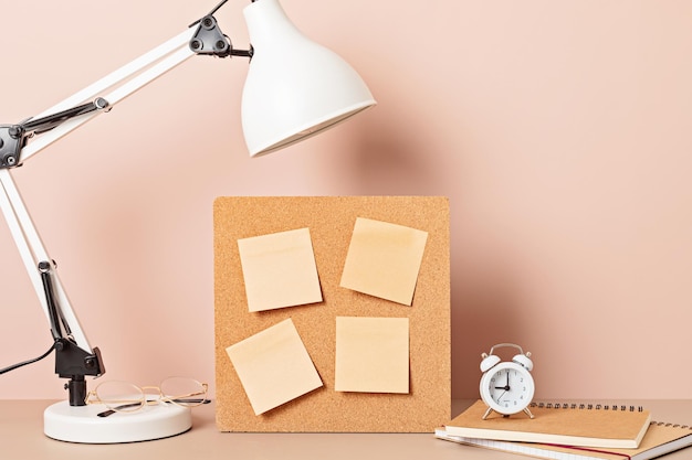 Cork board mockup desktop organizer with school stationary and office supplies