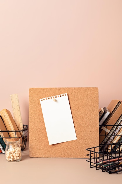 Cork board mockup desktop organizer with school stationary and office supplies