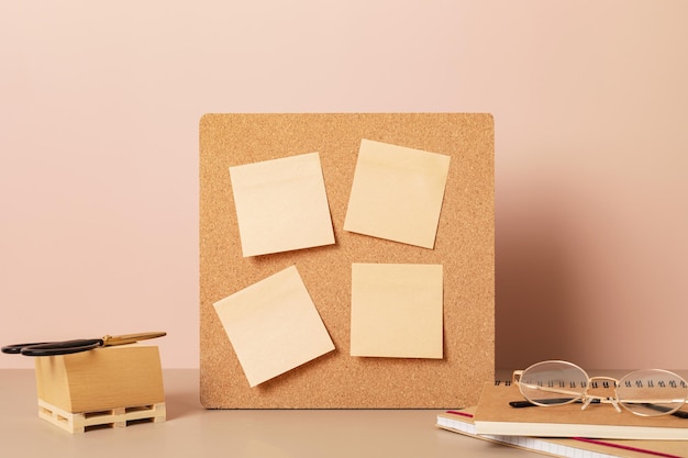 Cork board mockup desktop organizer with school stationary and office supplies