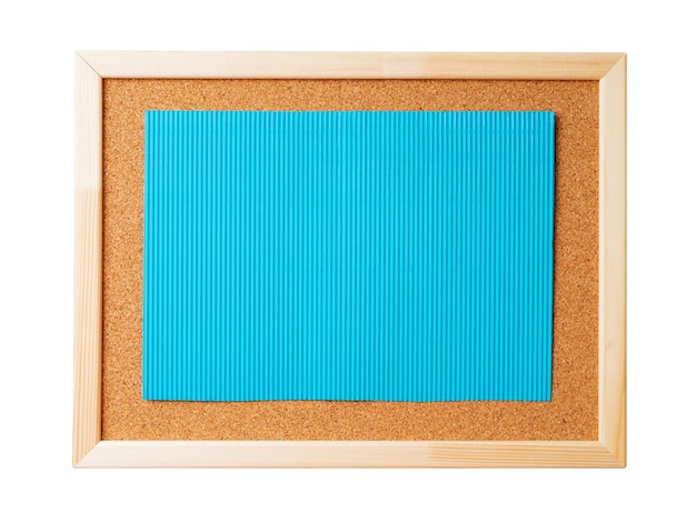 Cork note board with wooden frame with blank turquoise cardboard sheet isolated on white background