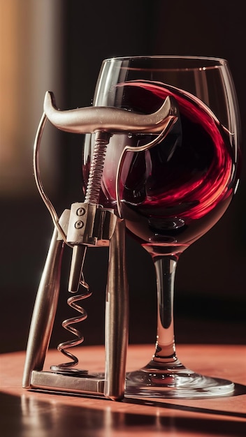 Corkscrew near glass of wine