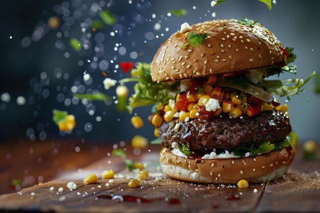 Photo corn and beef burger with flying ingredients delicious and artistic burger explosion with fresh