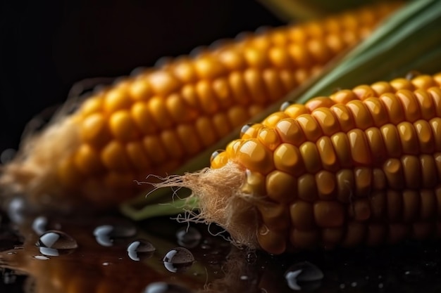 Corn on a black background with water droplets