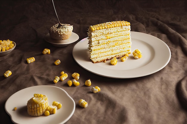 A corn cake on a plate on a wooden table with corncobs and slices. Homemade round cornmeal cake. Typical Brazilian.