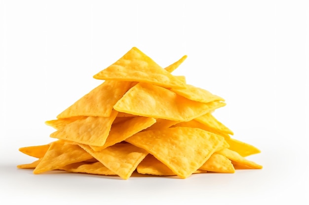 Corn chips of triangular shape levitate on a white background Generative AI