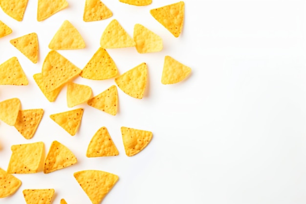 Photo corn chips of triangular shape levitate on a white background generative ai