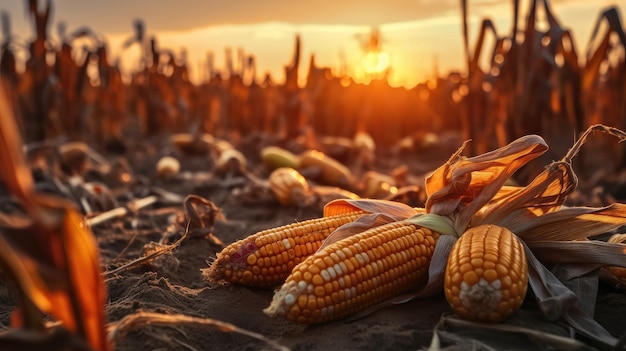 Corn on the cob in the field at sunset