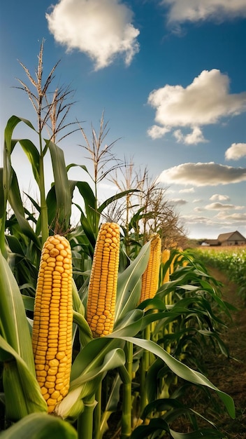 Corn cob growth in agriculture field outdoor with clouds and blue sky