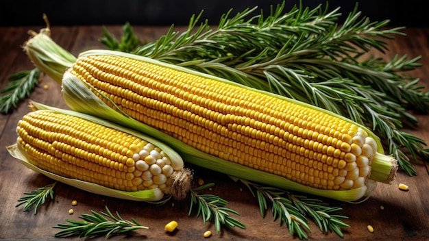 Corn on the cob with fresh herbs on a wooden table with rosemary