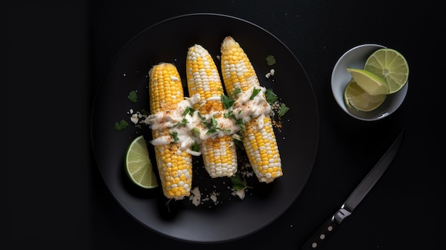 Corn on the cob with lime wedges on a black plate