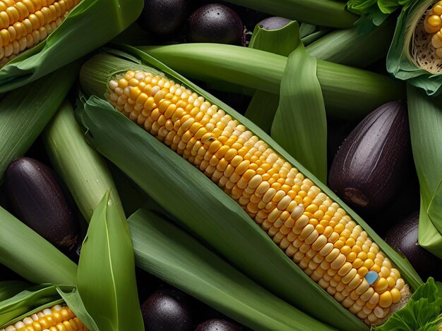 Corn cobs with corn plantation on a wooden table