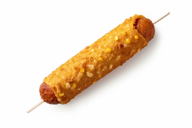 A corn dog on a stick with a toothpick.