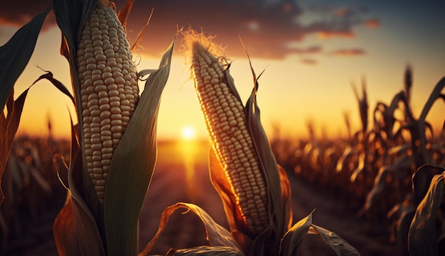 Corn field at sunset Generative AI