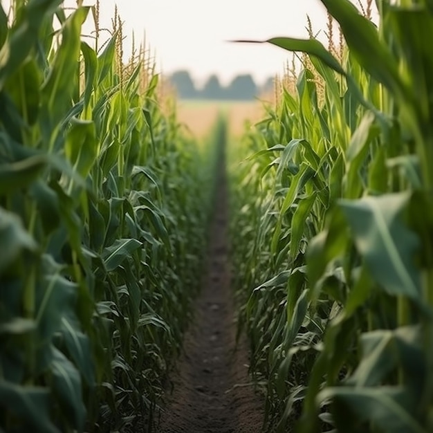 A corn field with a dirt path leading to the right.