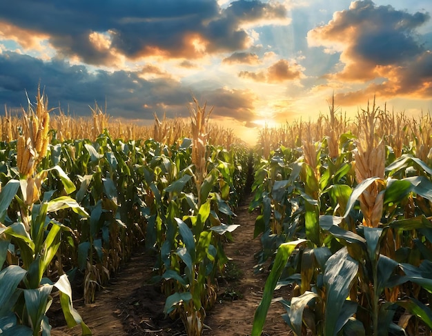 a corn field with a sunset in the background