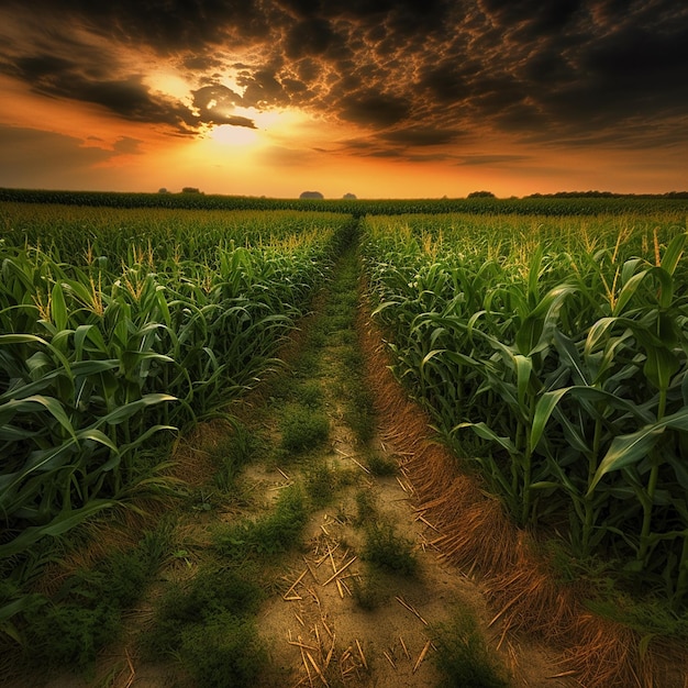 A corn field with a sunset in the background