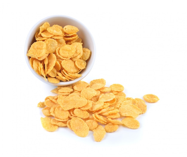 Corn flakes bowl on white background