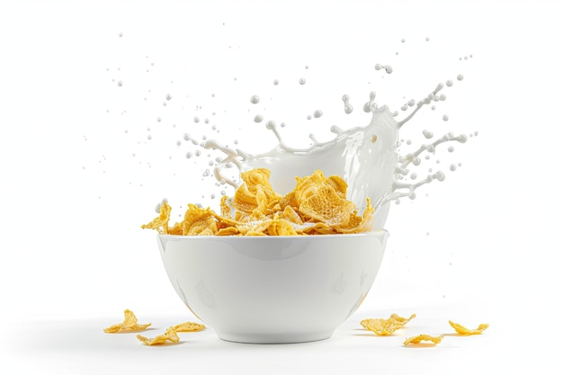 Photo corn flakes with milk in bowl on white background