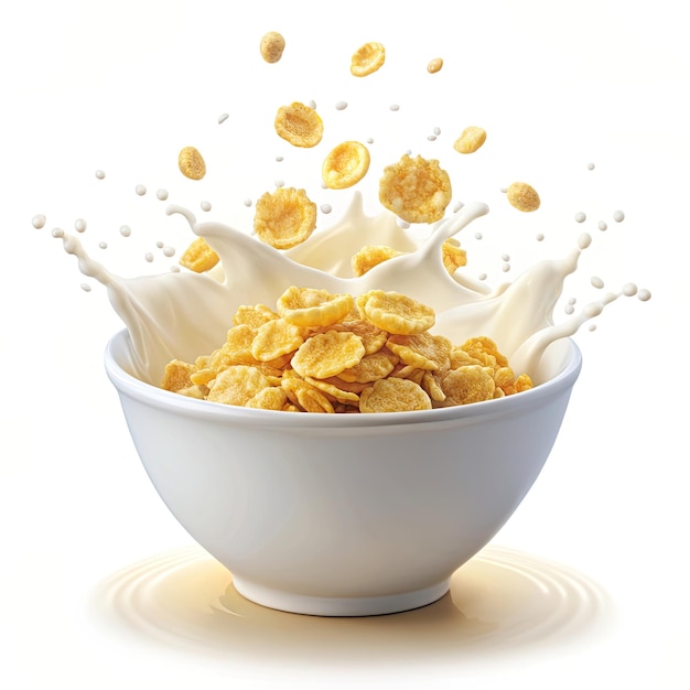 corn flakes with milk splash in white bowl isolate