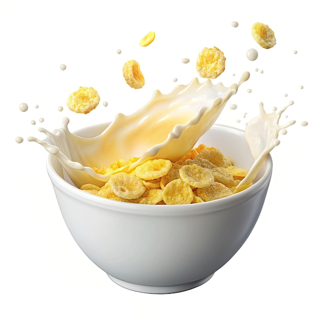 corn flakes with milk splash in white bowl isolate