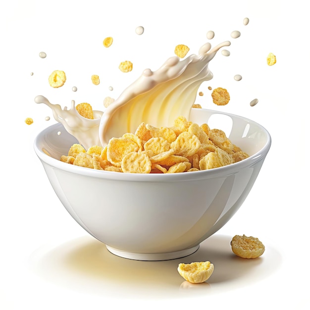 corn flakes with milk splash in white bowl isolate