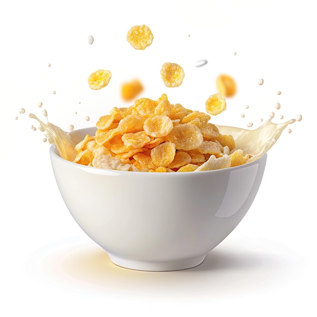 corn flakes with milk splash in white bowl isolate